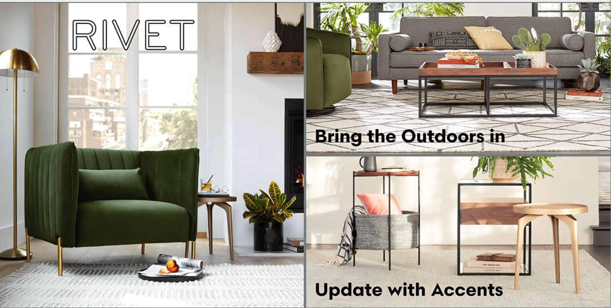 Amazon Rivet furniture catalog showing leather couches and modern pieces
